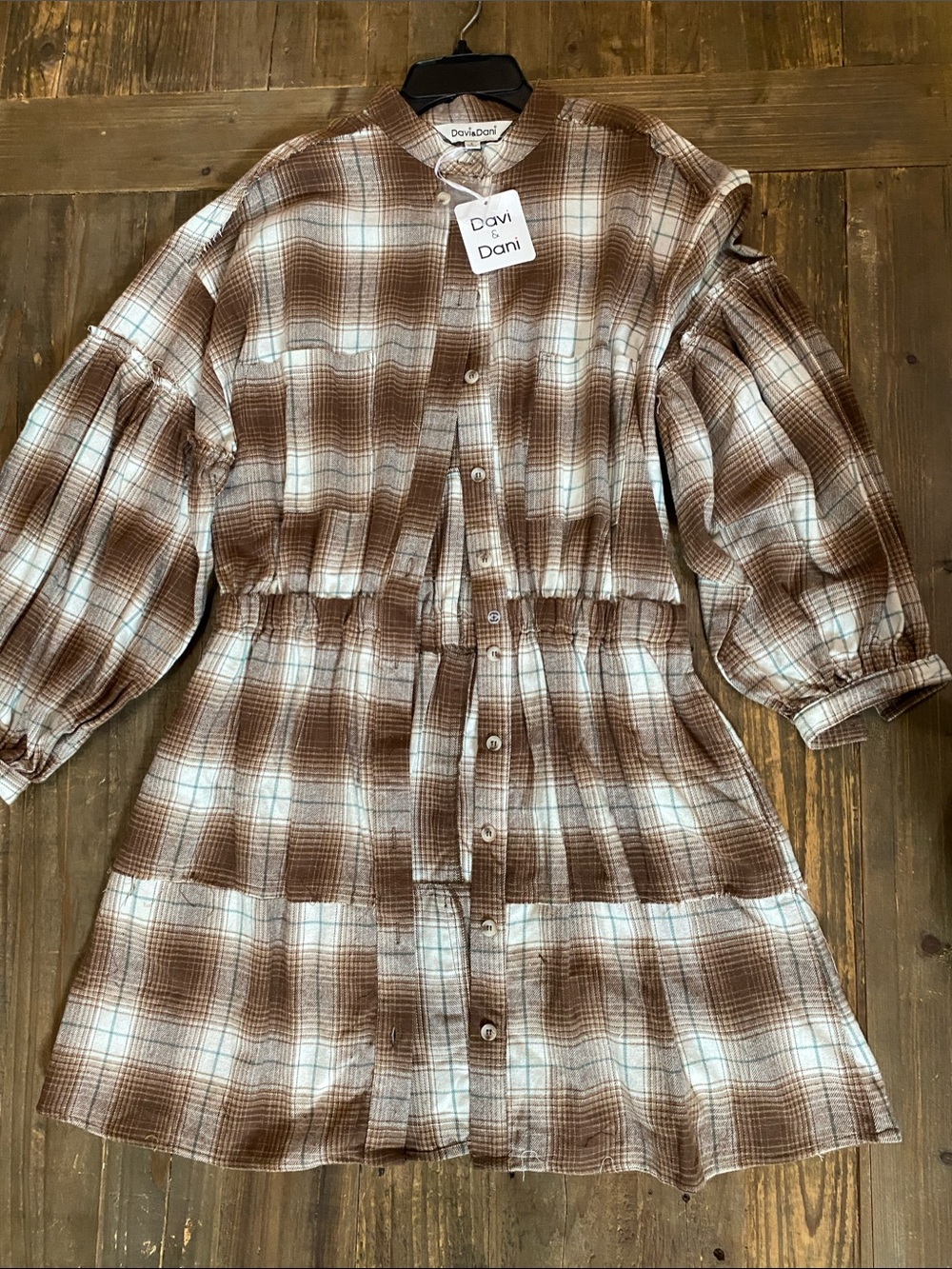 DAVI & DANI Brown and Cream Plaid Button-Front Dress